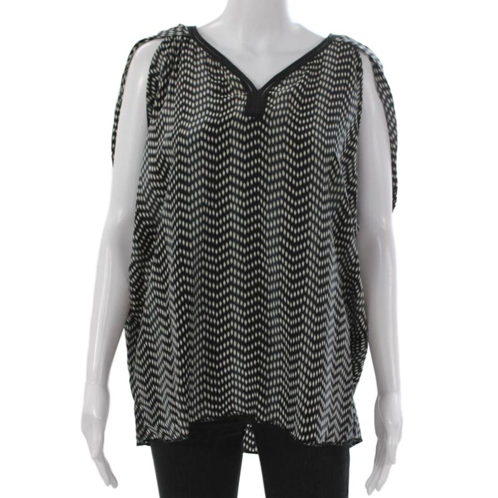 Country Road Women Silk Geometric V-Neck Tunic Blouse Short Sleeve Black Size M
